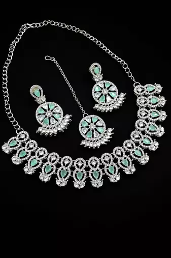 pista rhodium-plated agate stone necklace set with earrings & maang tikka