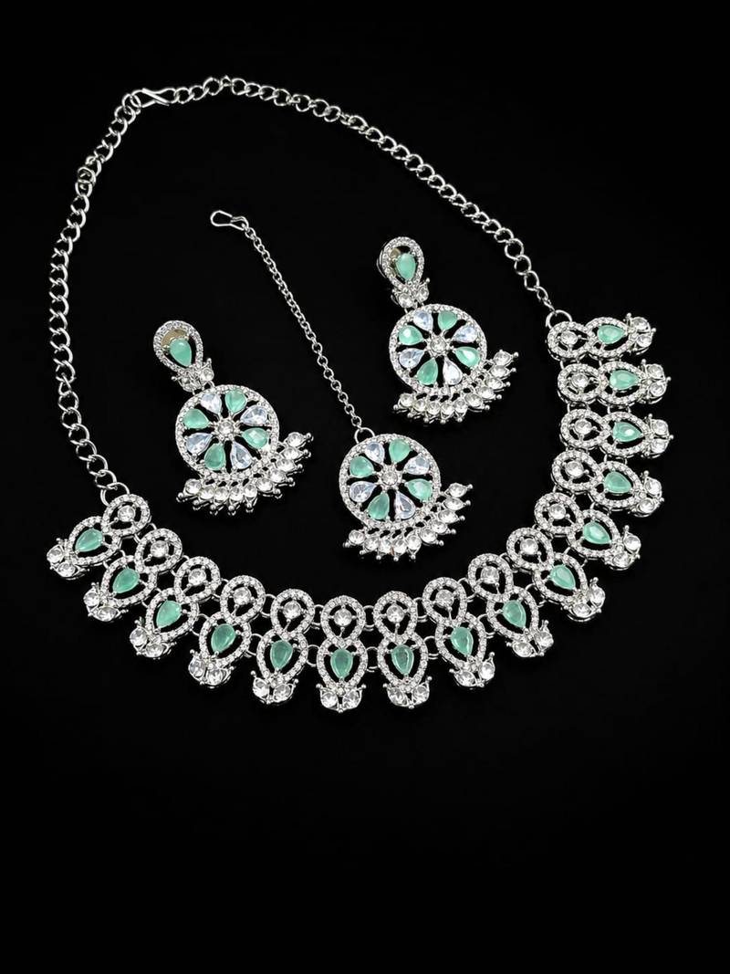 pista rhodium-plated agate stone necklace set with earrings & maang tikka