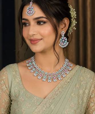 pink pista rhodium-plated agate stone necklace set with earrings & maang tikka 1