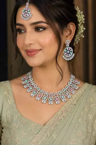pink pista rhodium-plated agate stone necklace set with earrings & maang tikka