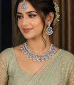 pink pista rhodium-plated agate stone necklace set with earrings & maang tikka