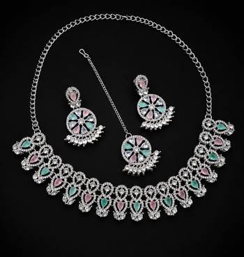pink pista rhodium-plated agate stone necklace set with earrings & maang tikka 2