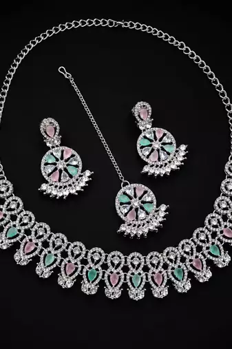 pink pista rhodium-plated agate stone necklace set with earrings & maang tikka