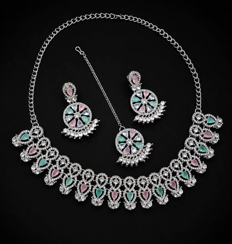 pink pista rhodium-plated agate stone necklace set with earrings & maang tikka