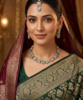 pink pista mehndi-plated agate stone necklace set with earrings & maang tikka 1
