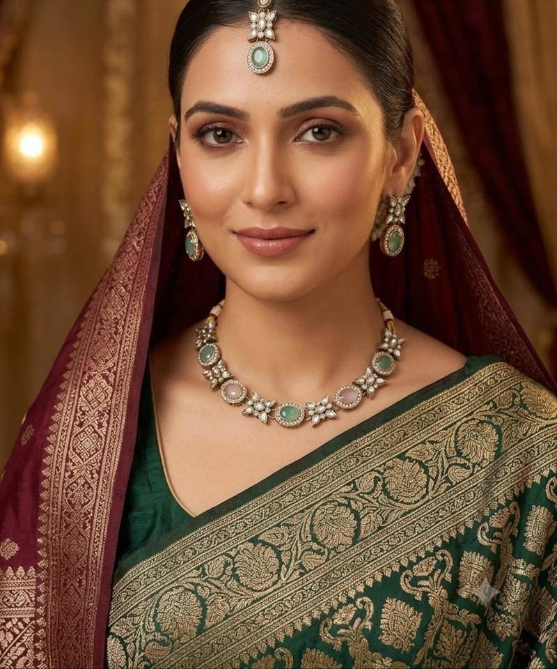 pink pista mehndi-plated agate stone necklace set with earrings & maang tikka