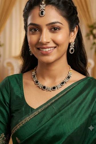 black mehndi-plated agate stone necklace set with earrings & maang tikka