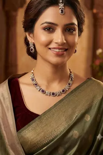 purple mehndi-plated agate stone necklace set with earrings & maang tikka
