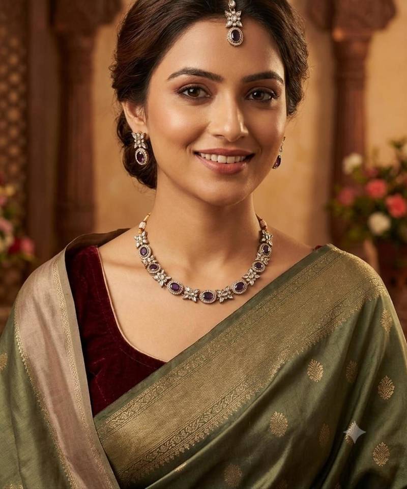 purple mehndi-plated agate stone necklace set with earrings & maang tikka