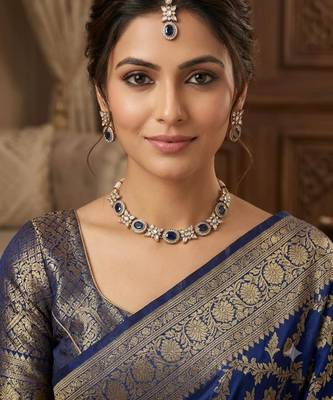 blue mehndi-plated agate stone necklace set with earrings & maang tikka 1
