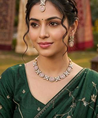 baby pink mehndi-plated agate stone necklace set with earrings & maang tikka 1