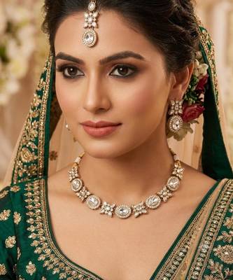 white pink mehndi-plated agate stone necklace set with earrings & maang tikka 1