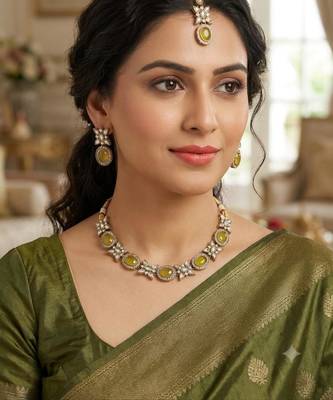 yellow pink mehndi-plated agate stone necklace set with earrings & maang tikka 1