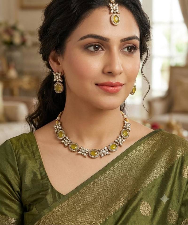 yellow pink mehndi-plated agate stone necklace set with earrings & maang tikka