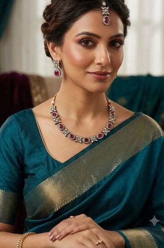 maroon pink mehndi-plated agate stone necklace set with earrings & maang tikka