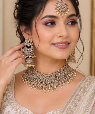  mehndi-plated agate stone necklace set with earrings & maang tikka 1