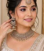  mehndi-plated agate stone necklace set with earrings & maang tikka