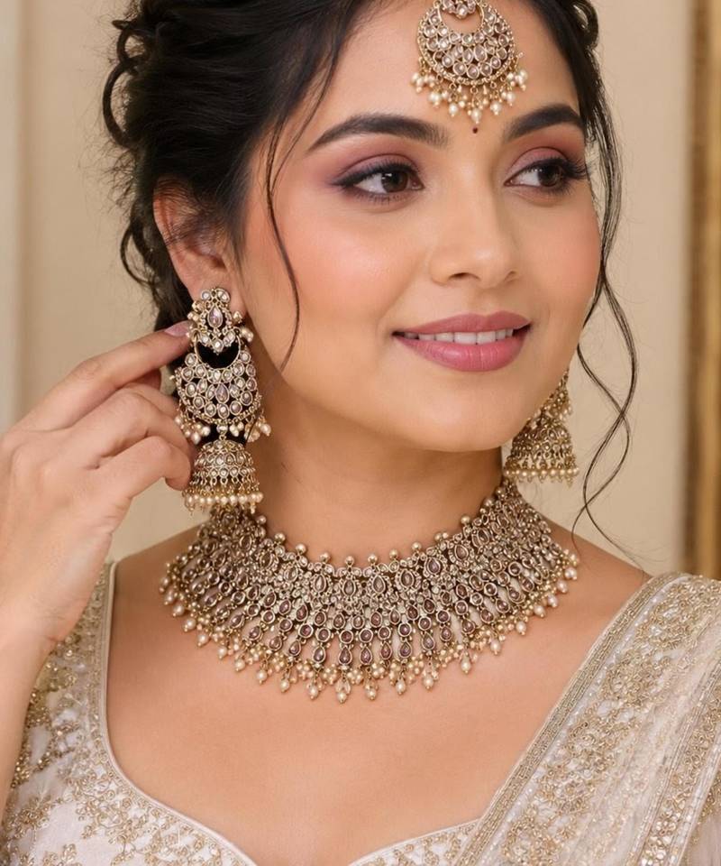  mehndi-plated agate stone necklace set with earrings & maang tikka