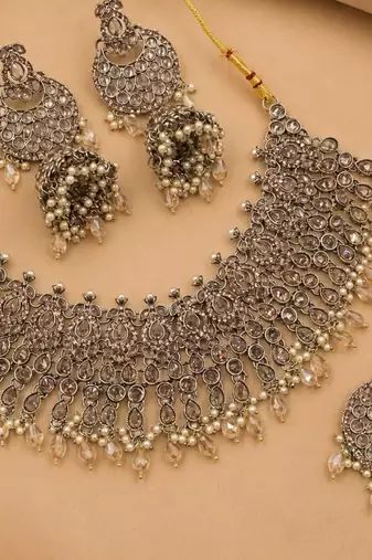  mehndi-plated agate stone necklace set with earrings & maang tikka