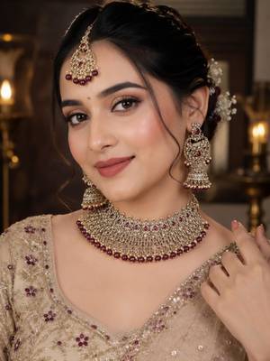 maroon mehndi-plated agate stone necklace set with earrings & maang tikka 1