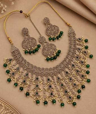 green mehndi-plated agate stone necklace set with earrings & maang tikka 2