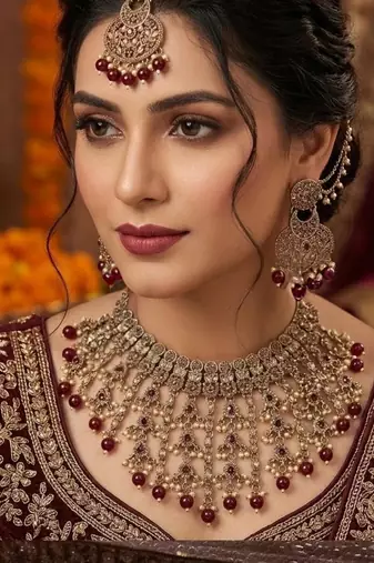 maroon mehndi-plated agate stone necklace set with earrings & maang tikka