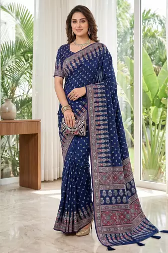 Neavy Blue Colour Mirror Work Border And Red Pallu With Red Tassels (Latkan) With Ajarakh Print Gajji Silk Saree