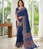 Neavy Blue Colour Mirror Work Border And Red Pallu With Red Tassels (Latkan) With Ajarakh Print Gajji Silk Saree