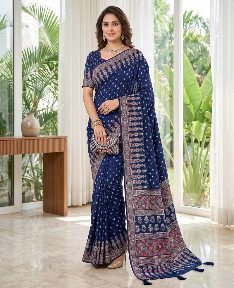 Neavy Blue Colour Mirror Work Border And Red Pallu With Red Tassels (Latkan) With Ajarakh Print Gajji Silk Saree