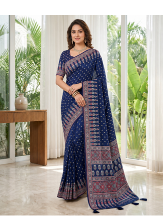 Neavy Blue Colour Mirror Work Border And Red Pallu With Red Tassels (Latkan) With Ajarakh Print Gajji Silk Saree 2