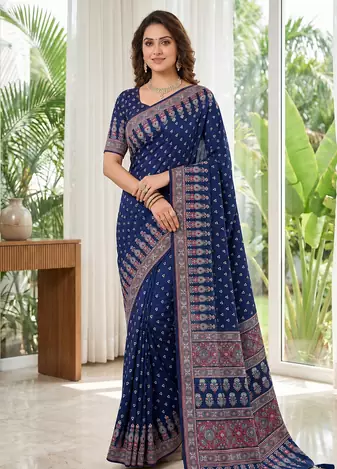 Neavy Blue Colour Mirror Work Border And Red Pallu With Red Tassels (Latkan) With Ajarakh Print Gajji Silk Saree