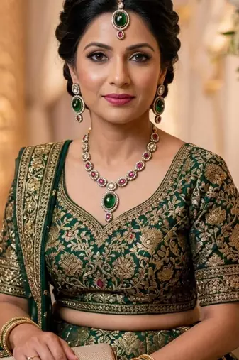 green mehndi-plated agate stone necklace set with earrings & maang tikka