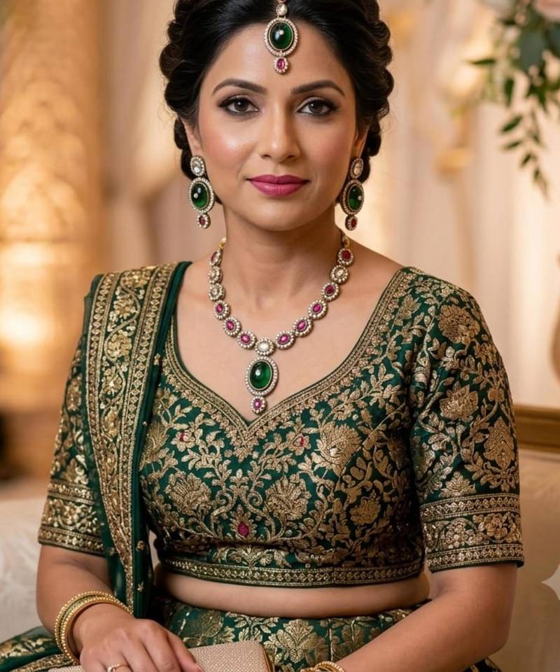 green mehndi-plated agate stone necklace set with earrings & maang tikka
