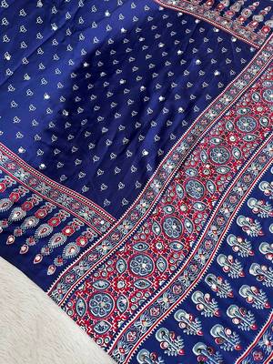 Neavy Blue Colour Mirror Work Border And Red Pallu With Red Tassels (Latkan) With Ajarakh Print Gajji Silk Saree 3