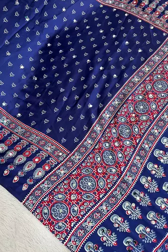 Neavy Blue Colour Mirror Work Border And Red Pallu With Red Tassels (Latkan) With Ajarakh Print Gajji Silk Saree