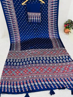 Neavy Blue Colour Mirror Work Border And Red Pallu With Red Tassels (Latkan) With Ajarakh Print Gajji Silk Saree 4