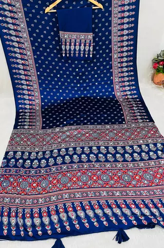 Neavy Blue Colour Mirror Work Border And Red Pallu With Red Tassels (Latkan) With Ajarakh Print Gajji Silk Saree