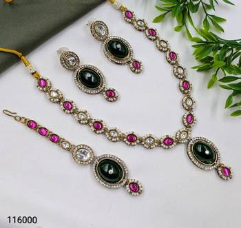 green mehndi-plated agate stone necklace set with earrings & maang tikka 2