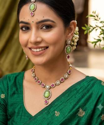 pista mehndi-plated agate stone necklace set with earrings & maang tikka 1