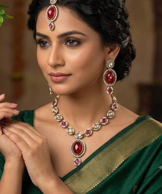 maroon mehndi-plated agate stone necklace set with earrings & maang tikka 1