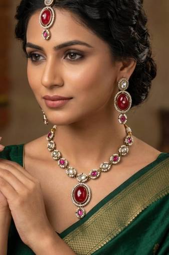 maroon mehndi-plated agate stone necklace set with earrings & maang tikka