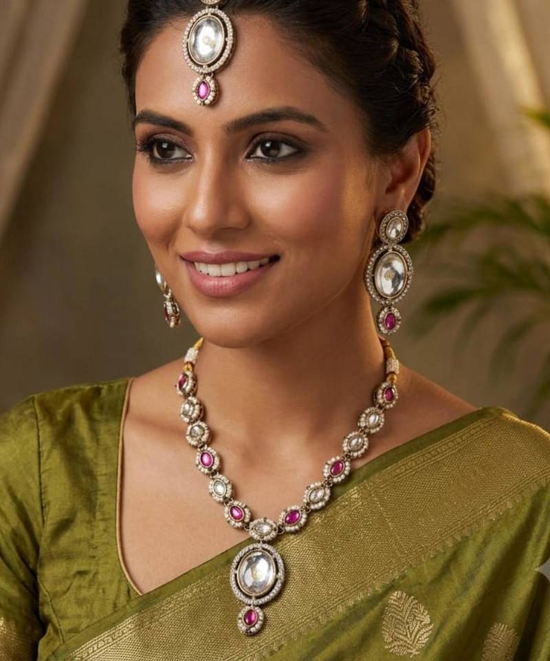 white mehndi-plated agate stone necklace set with earrings & maang tikka