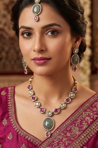 pista matte mehndi-plated agate stone necklace set with earrings & maang tikka