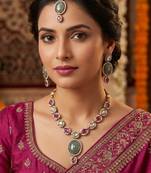 pista matte mehndi-plated agate stone necklace set with earrings & maang tikka