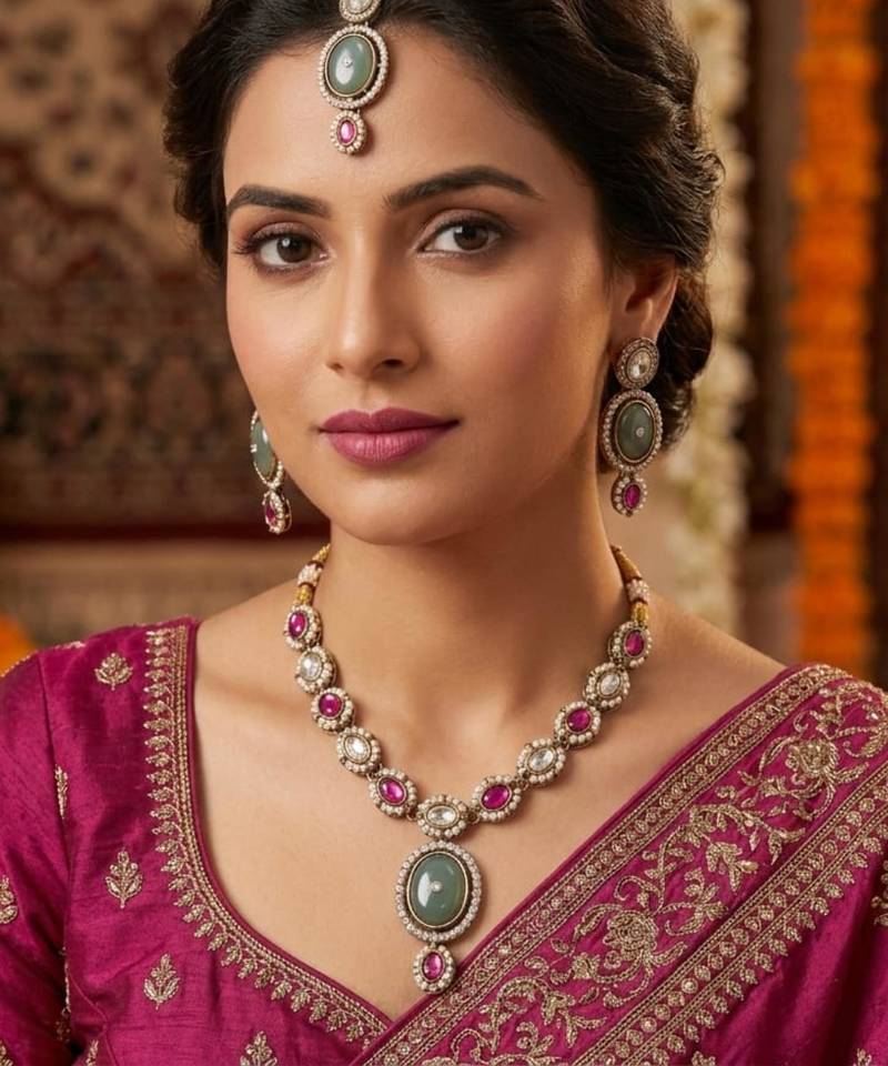 pista matte mehndi-plated agate stone necklace set with earrings & maang tikka