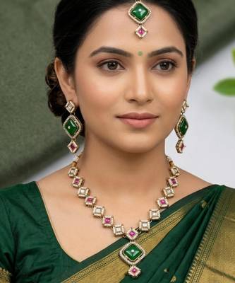 green mehndi-plated agate stone necklace set with earrings & maang tikka 1