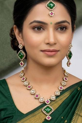green mehndi-plated agate stone necklace set with earrings & maang tikka