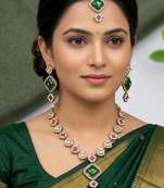 green mehndi-plated agate stone necklace set with earrings & maang tikka