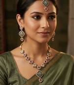 pista mehndi-plated agate stone necklace set with earrings & maang tikka