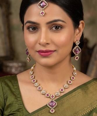 purple mehndi-plated agate stone necklace set with earrings & maang tikka 1